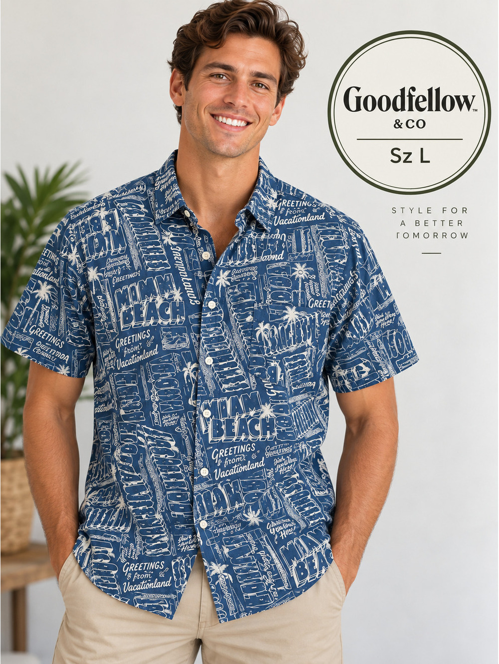 Goodfellow & Co | L | Navy Postcard Print Shirt
